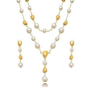 Conjunto Pérola e Dourado com Colar Duplo Gravata – Banho em Ouro 18K