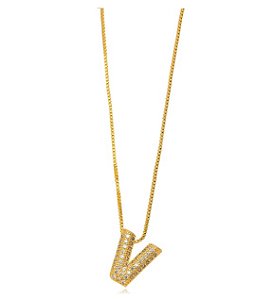 Colar Letra V Micro Zircônia - Ouro V