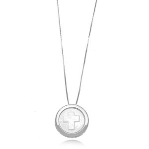 Colar Religioso Redondo Cruz Madrepérola - Ródio Branco
