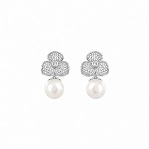Brinco Flor Cravejado com Micro Zircônias e Pérola – Ródio Branco