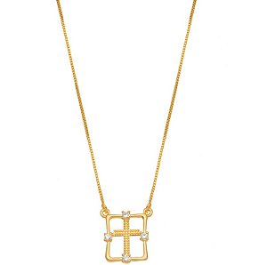 Colar Religioso Cruz Cristais - Ouro