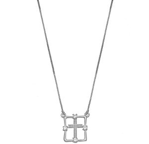 Colar Religioso Cruz Cristais - Ródio Branco