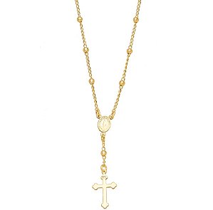 Colar Semijoia Terço Cruz Bolas Lisas - Ouro