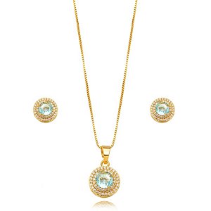 Conjunto Semijoia Redondo Cravejado - Ouro Cristal