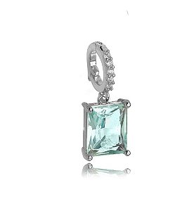 Pingente Semijoia Retangular - Ródio Branco Aqua Marinha