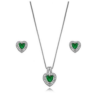 Conjunto Semijoia Coração Cravejado - Ródio Branco Esmeralda