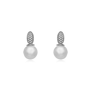 Brinco Cravejado com Perola - Ródio Branco