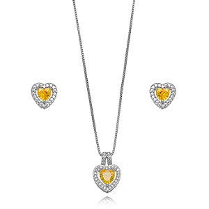 Conjunto Semijoia Coração Cravejado - Ródio Branco Citrino