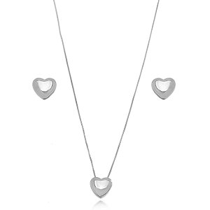 Conjunto Semijoia Coração Liso - Ródio Branco