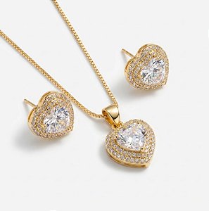 Conjunto Semijoia Coração Cravejado - Ouro Cristal