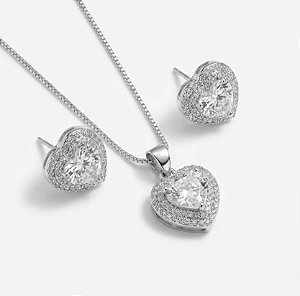 Conjunto Coração Cravejado - Ródio Branco