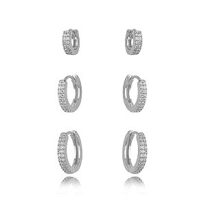Brinco Trio de Argola Cravejada - Ródio Branco
