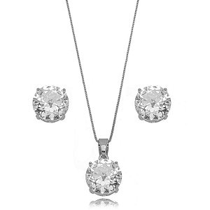 Conjunto Semijoia Ponto De Luz Cristal - Ródio Branco
