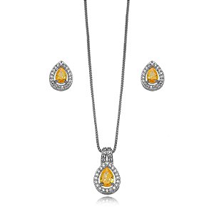 Conjunto Semijoia Gota Cravejado - Ródio Branco Citrino