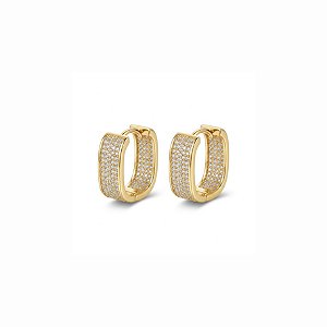 Brinco Argola Retangular Cravejada - Banho Ouro