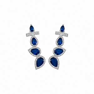 Brinco Ear Cuff Gota Cravejado Safira - Ródio Branco