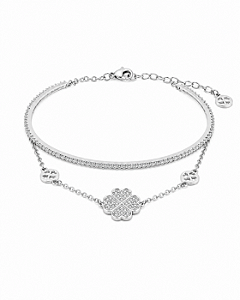 Bracelete Cravejado e Pulseira Trevo - Ródio branco