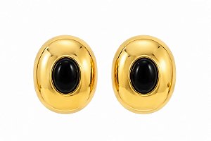 Brinco Oval com Pedra Preta – Banho em Ouro Amarelo 18K