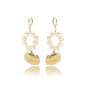 Brinco Argola com Pérolas e Concha – Banho em Ouro 18K