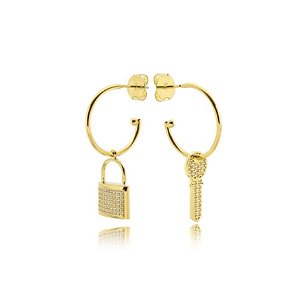 Brinco Argola Chave Cadeado Zircônia