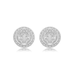 Brinco Religioso São Bento Cravejado - Ródio Branco