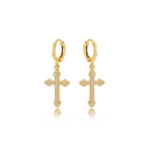 Brinco Religioso Argola Cruz Cravejada - Ouro