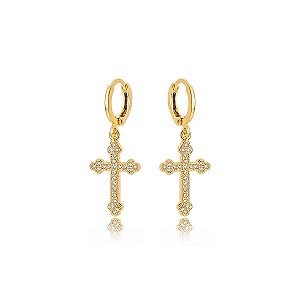 Brinco Religioso Argola Cruz Cravejada - Ouro