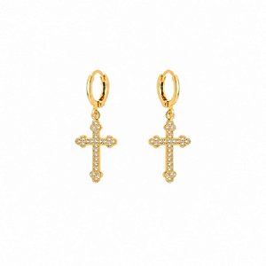 Brinco Religioso Argola com Cruz Cravejada – Banho em Ouro Amarelo 18K
