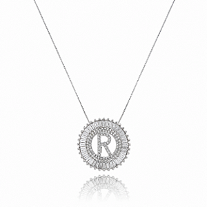 Colar Mandala Letra R Cristal - Ródio Branco
