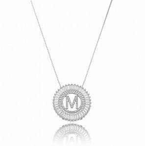 Colar Mandala Letra M Cristal - Ródio Branco
