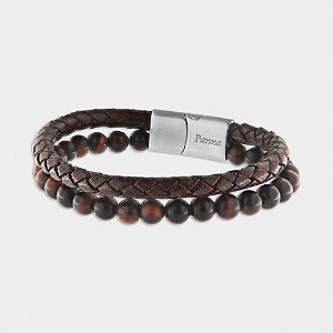 Pulseira Masculina Couro Marrom e Olho de Tigre Vermelho Fosco