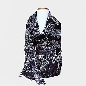 Pashmina Bordada Pesponto Preta com Flores