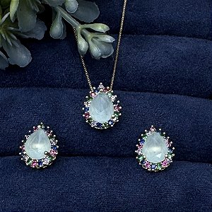 Conjunto Gota Verde Semijoia Ouro