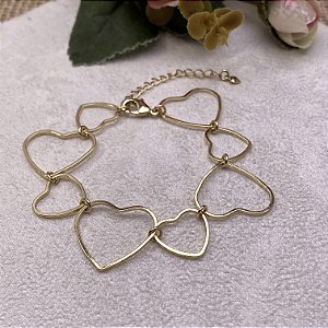 Pulseira Elos Corações Fininhos Semijoia Ouro