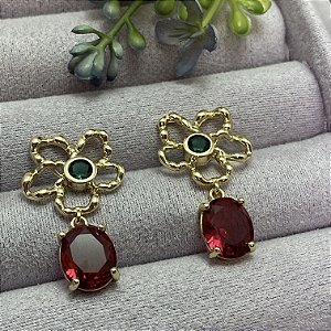 Brinco Flor Verde e Vermelho Semijoia Ouro