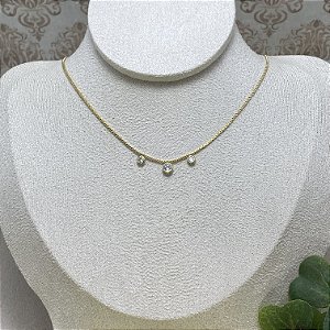 Colar Choker 3 Pontos de Luz Semijoia Ouro