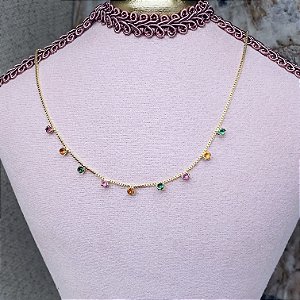 Colar Choker Pontinhos Coloridos Escuros Semijoia Ouro