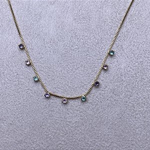 Colar Choker Pontinhos Coloridos Claros Semijoia Ouro