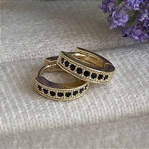 Brinco Argolinha 1 Fileira Zircônia Negra Semijoia Ouro