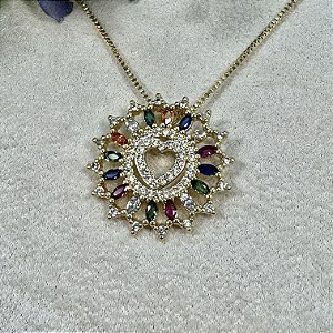 Colar Coração com Moldura Colorida Semijoia Ouro