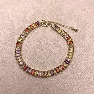 Pulseira Riviera Retangular Colorida Semijoia Ouro