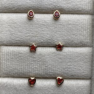 Trio de Brincos Vermelho Semijoia Ouro