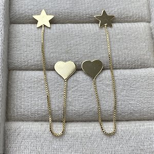 Brinco Duplo Coração e Estrela Semijoia Ouro
