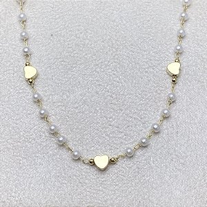 Pulseira Corações 5 Perolinhas Semijoia Ouro