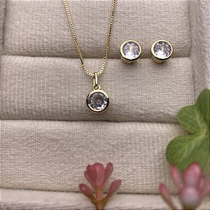 Conjunto Zircônia Redonda Semijoia Ouro