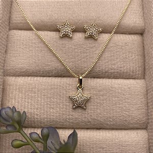 Conjunto Estrelas Cravejadas Semijoia Ouro