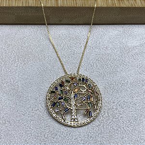 Colar Árvore da Vida Colorida Luxo Semijoia Ouro