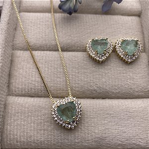 Conjunto Coração Fusion Esmeralda Semijoia Ouro