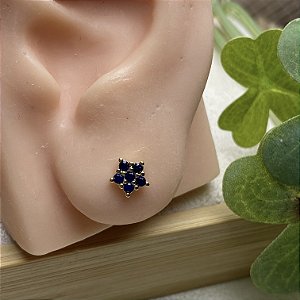 Brinco Flor Estrela Safira Semijoia Ouro
