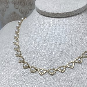 Colar Choker Corações com Pérolas Semijoia Ouro